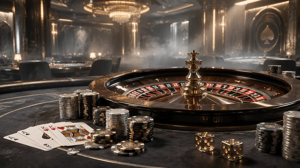 Ruang casino Rokokbet dengan meja permainan dan cahaya hangat